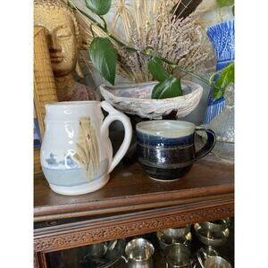 Vintage Lot 2 Pottery Stoneware Coffee Mugs Beige Brown Blue Beach Sea ocean